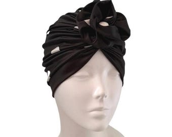 Black dotted turban hat vintage style 1940s 1950s polka dot spot stretch jersey pin up turban hat lightweight thin summer head wrap cap