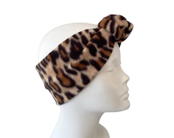 Leopard fleece headband for women wide winter fashion ear warmer warm soft brown knotted headband head wrap stylish animal print earmuffs