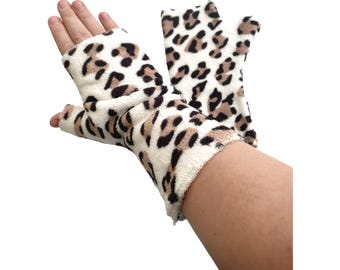 White and brown leopard print fingerless gloves super soft handmade fleece wrist warmer mittens gloves autumn winter gift for her women