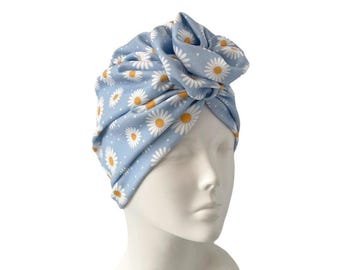 Turban for women soft floral daisy print light blue jersey hair turban head wrap hat prettied head scarf hair loss alopecia chemo headwear