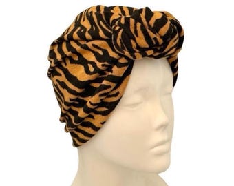 Turban for women adult knit jersey tiger print turban head covering for women women's autumn hair turban stretch soft warm knot turban