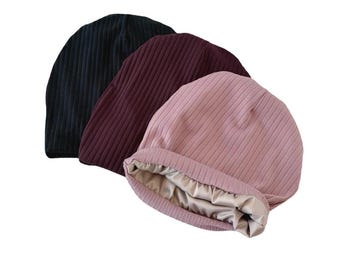 Slouchy satin lined beanie hat comfy ribbed jersey frizz free sleep cap alopecia headwear chemo hat for women soft hair loss head cover