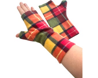 Green and yellow tartan fingerless fleece gloves cosy simple winter mittens for women driving and texting gloves gift for mum for women