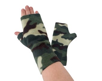 Green camouflage fingerless gloves long fleece wrist warmer gloves mittens gift for her for women winter dog walking cycling driving gloves