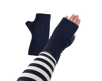 Navy blue fleece gloves for women handmade gift for her for mum winter arm wrist warmers fingerless typing gloves mittens