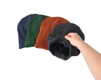 Satin Lined Long Slouchy Knit Beanie Hat Knitwear Jersey Unisex Sleep Cap Alopecia Headwear Chemo Hat Seamless Lined Soft Hair Loss Headwear