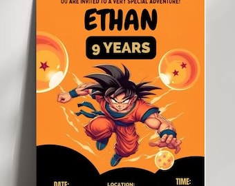Può includere: Un biglietto d'invito di compleanno arancione con un personaggio dei cartoni animati dai capelli neri in tuta arancione, circondato da tre sfere del drago luminose con stelle rosse. Testo: OU ARE INVITED TO A VERY SPECIAL ADVENTURE! ETHAN 9 YEARS DATE 30 DECEMBER LOCATION 123 LUIS VILAR STREET JARDIM VILLAGE DOWNTOWN TIME 8 PM.