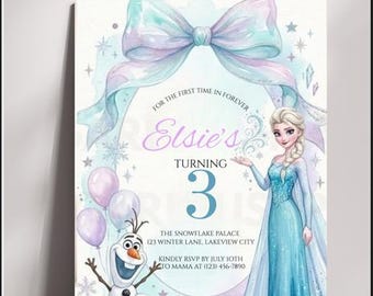 Editable Frozen Birthday Invitation Template, Elsa Olaf Winter Princess Party Invite, Girls 3rd Birthday Canva Download