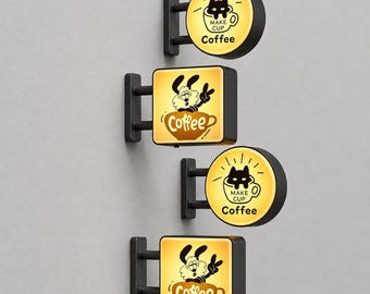 May include: Four wall-mounted signs with black frames and brackets. Two circular signs feature a black cat in a cup with the text MAKE CUP Coffee. Two square signs feature a cartoon dog in a cup with the text Coffee. The signs have yellow faces.