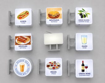 Könnte beinhalten: Eine Sammlung von acht quadratischen und einem runden Wandleuchtkasten mit Abbildungen griechischer Speisen und Getränke wie Gyros, Moussaka, Oliven, Souvlaki, Ouzo, Mezze und Wein sowie einem leeren rechteckigen Schild mit Halterung.