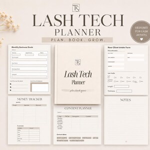 May include: A Lash Tech Planner set featuring a central notebook, monthly business goals, new client intake forms, money tracker, and content planner pages. The design includes neutral tones, serif typography, and icons for business planning.