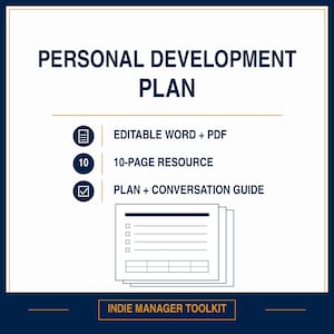 May include: A digital personal development plan document featuring the text PERSONAL DEVELOPMENT PLAN, EDITABLE WORD + PDF, 10-PAGE RESOURCE, PLAN + CONVERSATION GUIDE, and INDIE MANAGER TOOLKIT, with icons for a document, the number 10, and a checkbox.