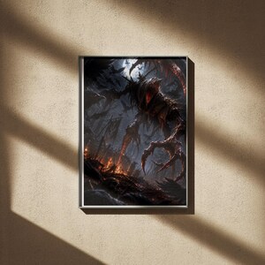 May include: A framed rectangular wall art print featuring a dark fantasy illustration of a towering, shadowy creature with sharp claws looming over a battlefield. The scene is illuminated by glowing embers and a pale moon, with dark birds in the sky.