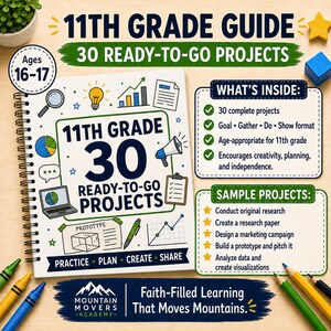 May include: A spiral-bound 11th Grade Guide featuring 30 ready-to-go projects. The cover displays educational icons, the text 11th Grade 30 Ready-To-Go Projects, and Practice, Plan, Create, Share. Includes sections for What's Inside and Sample Projects.