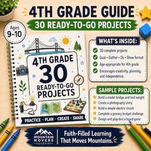 May include: A spiral-bound 4th Grade Guide featuring 30 ready-to-go projects. The cover displays illustrations of a bridge, camera, compass, map, and board game. Text includes '4th Grade 30 Ready-to-Go Projects', 'What's Inside', and 'Sample Projects'.