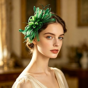 May include: A vibrant emerald green fascinator hair accessory featuring layered sheer fabric loops, delicate feathers, and a central floral-inspired cluster. The piece is constructed with structured netting and fine wire accents for a dimensional look.