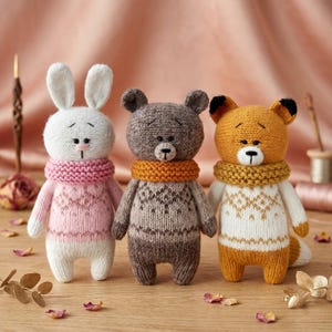 Peut inclure: Trois animaux en peluche tricotés à la main : un lapin blanc avec un pull et une écharpe roses, un ours brun avec un pull beige et une écharpe orange, et un renard orange avec un pull blanc et une écharpe moutarde, avec des détails brodés.