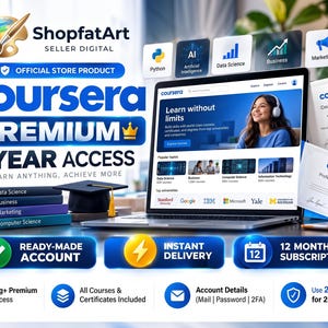 Könnte beinhalten: Eine digitale Produktwerbung für Coursera Premium 1 Year Access mit einem Laptop, der die Coursera-Website anzeigt, einem Bücherstapel, einer Doktorhut-Attrappe und zwei Zertifikaten mit goldenen Siegeln. Enthält Symbole für Python, KI und Data Science.