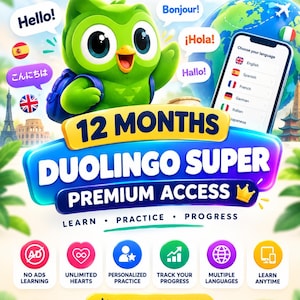 May include: A promotional graphic for 12 Months Duolingo Super Premium Access featuring the green owl mascot, a smartphone displaying language options, and icons for features like no ads, unlimited hearts, and progress tracking, with text.