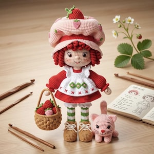 May include: A crocheted doll with red yarn hair, wearing a pink strawberry-patterned hat, a red dress with a white apron, and green-striped leggings. The doll holds a small brown basket filled with red strawberries and stands next to a pink cat.