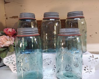 5 Antique IMPERFECT Ball Mason 3L Aqua Colored Quart Sized Jars with Regular or Standard Mouth Zinc Lids PLEASE Read Description