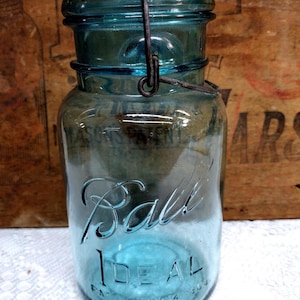 ONE Vintage IMPERFECT Aqua Blue Ball Ideal Quart Sized Jar with Wire Bail and LIGHT Aqua Regular or Standard Glass Lid Scratches to Glass