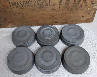 6 Vintage Unmarked Rustic Zinc Lids with Plain Porcelain Liners REGULAR or STANDARD Mouth L08