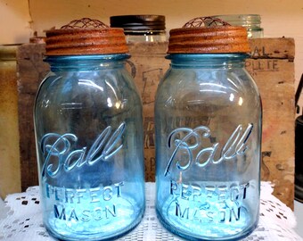 2 Vintage IMPERFECT AQUA Ball Perfect Mason Quart Sized Jars with MODERN Rustic Flower Frog Lids  410