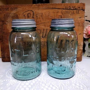 2 Vintage IMPERFECT Aqua Blue Atlas Strong Shoulder Mason Quart Sized Jars with Rustic Regular or Standard Atlas Zinc Lids LIPS are ROUGH
