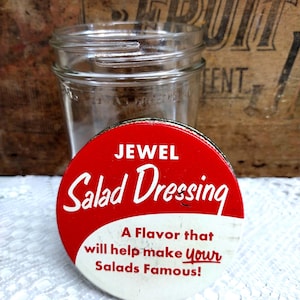 One Vintage IMPERFECT Clear 5 Inch Unmarked Product Jar WIDE MOUTH with Cute Rustic Jewel Salad Dressing Metal Lid
