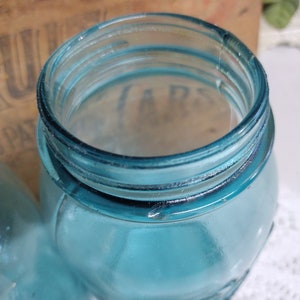 Two Aqua Blue IMPERFECT Quart Sized Ball Perfect Mason Jars with Offset Embossing Zinc Lids CHIPS to LIPS and Bead Seals image 6