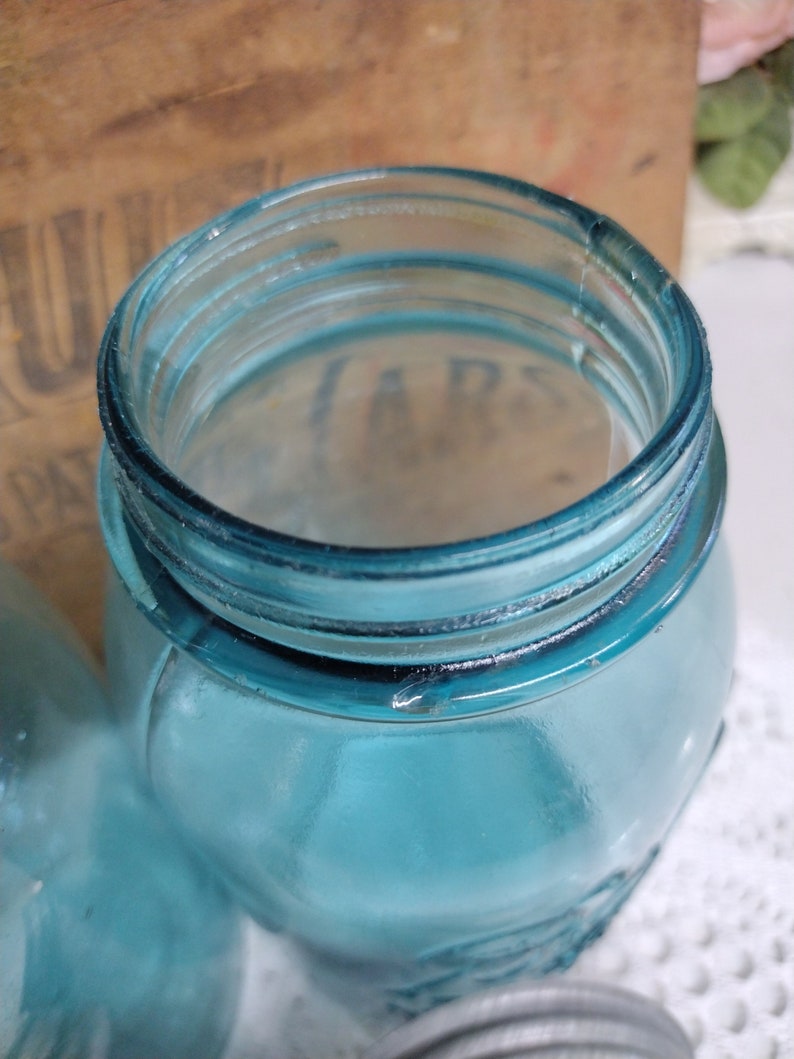 Two Aqua Blue IMPERFECT Quart Sized Ball Perfect Mason Jars with Offset Embossing Zinc Lids CHIPS to LIPS and Bead Seals image 6