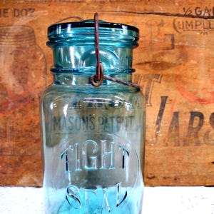 One Vintage IMPERFECT Tight Seal Aqua Blue Quart Sized Jar with Wire Bail and Nice Aqua Glass Lid Possible Ball Made Jar