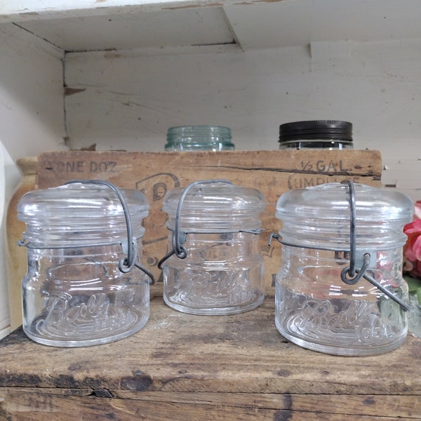 3 Vintage Ball Ideal Clear Half Pint Jars with Wire Bails and Glass Lids