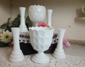 6 Piece Vintage White or Milk Glass Planter and Vase Set  B842