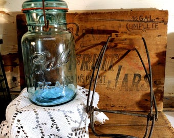 One vintage IMPERFECT aqua blue Ball Ideal quart sized jar with aqua REGULAR glass lid vintage jar lifter tongs included Primitive set