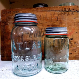 2 Vintage IMPERFECT Light Aqua Blue Atlas Strong Shoulder Mason Jars Quart and Pint Sized with Rustic Atlas Brand Zinc Lids Quart is HAZY