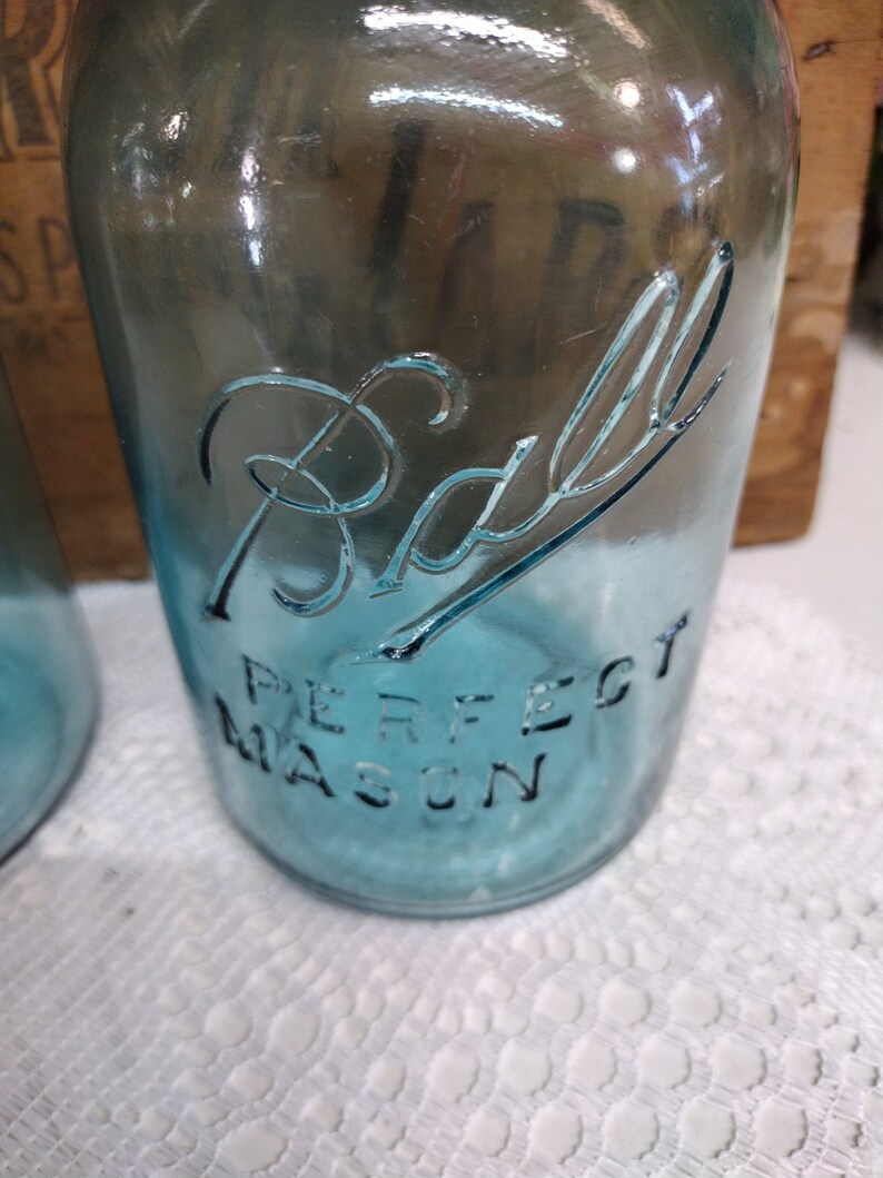 Two Aqua Blue IMPERFECT Quart Sized Ball Perfect Mason Jars with Offset Embossing Zinc Lids CHIPS to LIPS and Bead Seals image 3