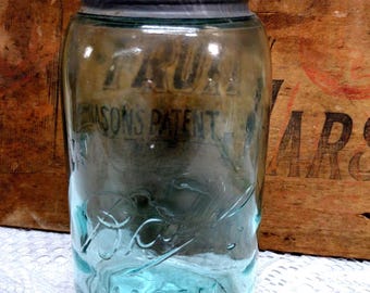 One Antique IMPERFECT Aqua 3L Ball Mason Quart Sized Jar with Rustic Zinc Lid ROUGH Areas and Lines In the Glass Shoulder Seal Jar Primitive