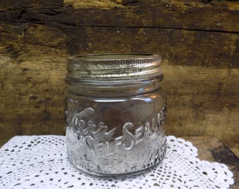 Vintage Clear Pint Kerr Self Sealing Mason Jar Squatty Pint With Two Piece Metal Kerr Band and Lid  B539