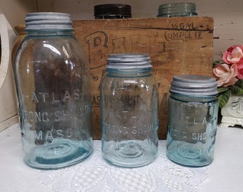 3 Vintage Light Aqua Blue Atlas Strong Shoulder Mason Jars Half Gallon Quart and Pint Sized with Atlas Brand Zinc Lids B80