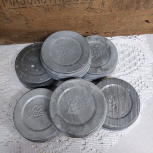 6 Vintage REGULAR or STANDARD mouth IMPERFECT Rustic Zinc Canning Jar Lids Ball Brand with White Porcelain Liners Some Warping Will Fit Test