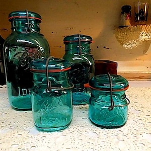 4 Vintage IMPERFECT Reproduction Aqua Blue Ball Ideal Bicentennial Wire Bail Jars with Aqua Glass Lids Half Gallon Quart Pint Half Pint Jars