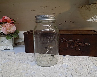 One Vintage IMPERFECT Clear Quart Sized Mason Star Jar with New 2 Piece Metal Lid and Band Light Haze to Base