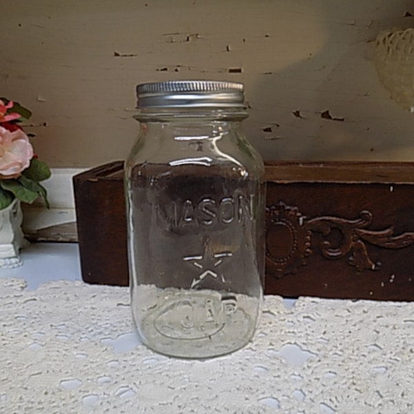 One Vintage IMPERFECT Clear Quart Sized Mason Star Jar with New 2 Piece Metal Lid and Band Light Haze to Base