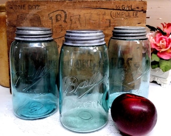 Ball Ideal Quart Mason Jar, PAT'D July 14 1908, Aqua Glass With
