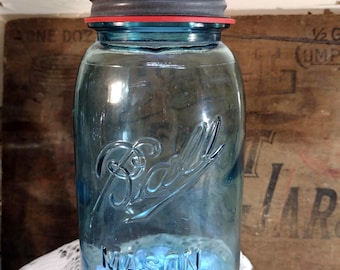 One IMPERFECT antique Ball Mason aqua blue quart sized bead seal jar with Tall B zinc lid CHIP to LIP of the jar wavy glass