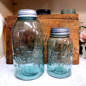 2 Vintage SLIGHTLY IMPERFECT Aqua Blue Atlas Strong Shoulder Mason Jars Half Gallon and Quart Sized with Regular Standard Atlas Zinc Lids