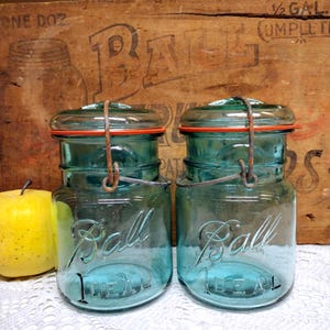 2 Vintage IMPERFECT Aqua Blue Ball Ideal Pint Sized Jars with MISMATCHED Very Light Aqua colored Glass Lids PLEASE Read Description