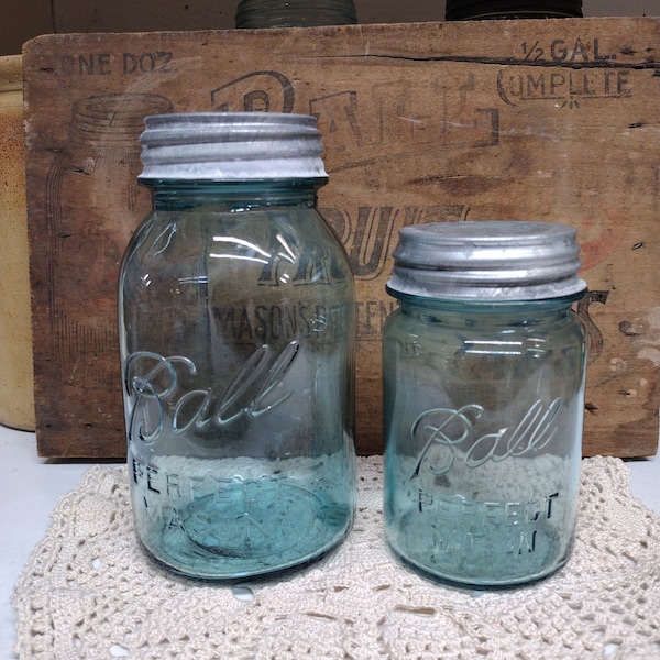 2 Vintage IMPERFECT Aqua Blue Ball Perfect Mason Jars Quart and Pint Sized Lip is Rough to Pint Rustic Zinc Lids PLEASE READ Description